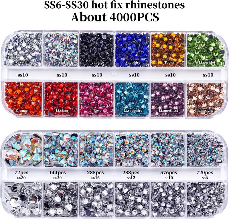 BLINGINBOX أداة تطبيق هوت فيكس، مجموعة أدوات تزيين الأحجار الكريمة هوت فيكس مع الأحجار الكريمة، مجموعة، عصا هوت فيكس للملابس والأقمشة والحرف، 4000 قطعة، كريستال AB، شفاف، 7 أحجام من الجواهر - Image 2